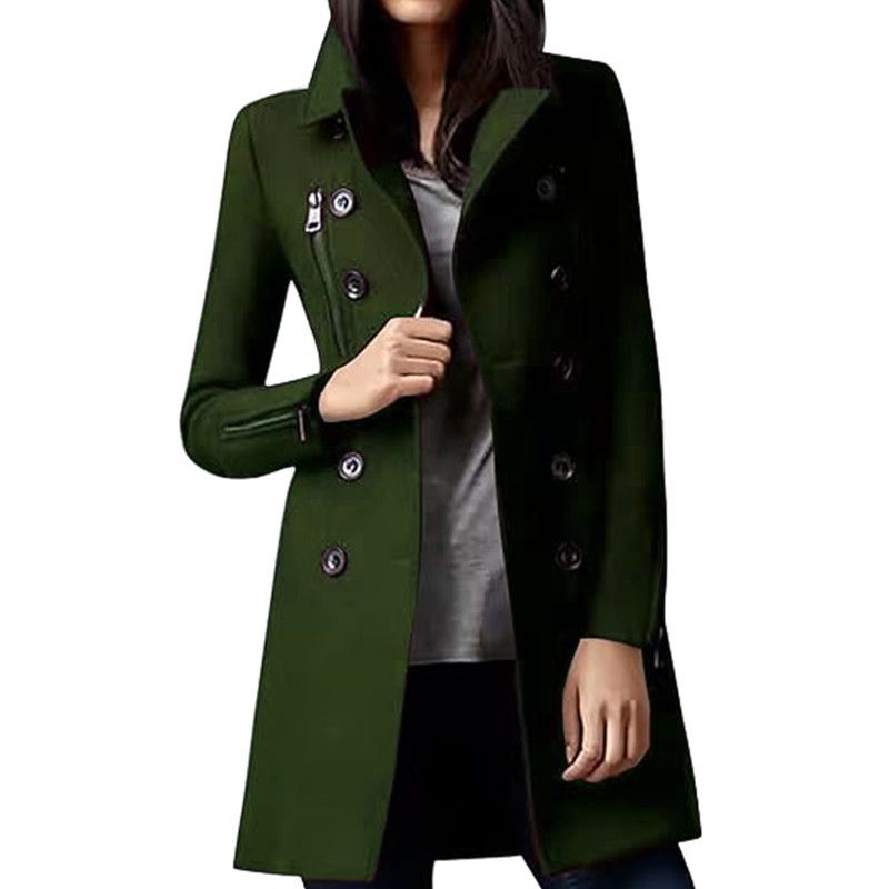 Outono Inverno Novo Japonês Coreano Venda Quente Casaco Longo de Lã Feminino com Punhos com Zíper Trespassado Multi-Bolso_voghion.com