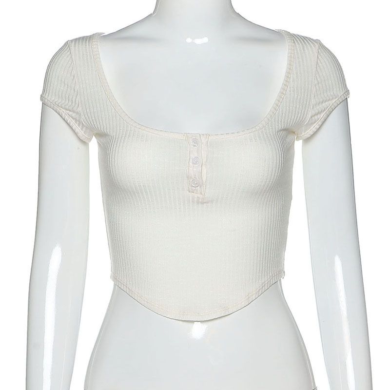 Fashion 2025 Summer New Short Sleeved U-neck Single Breasted Slim Fit With Exposed Navel Base Solid Color T-shirt For_voghion.com