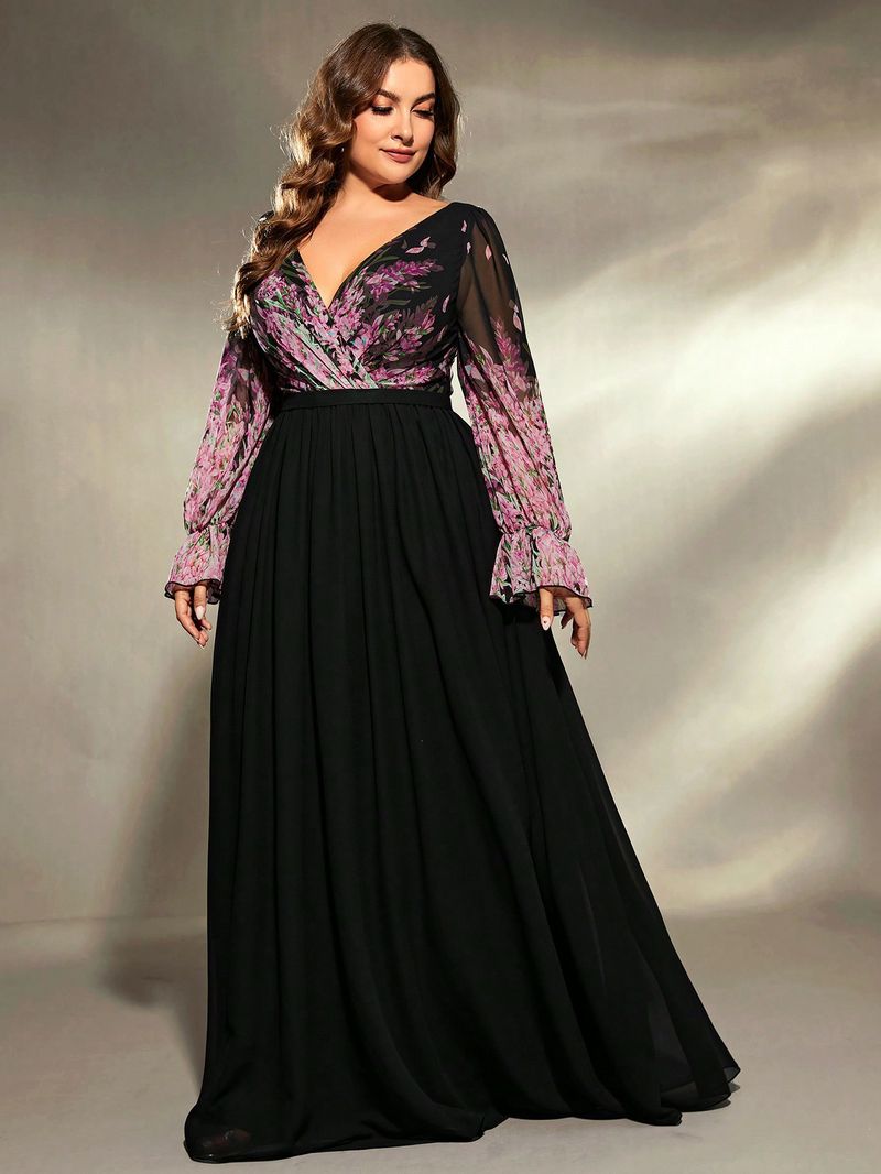 Elegante V-hals plus-size lange mouwen feestjurk voor vrouwen - A-lijn formele jurk met flatterende pasvorm voor verjaardagen en speciale gelegenheden_voghion.com