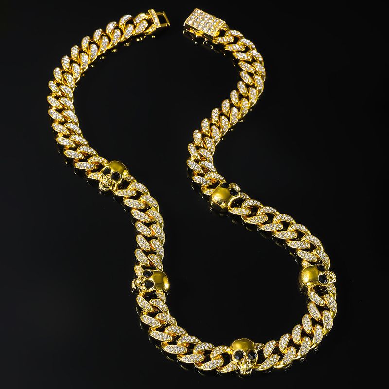 Men's Personality Cuban Chain Trendy Full Diamond Hip Hop Skull Necklace Jewelry_voghion.com