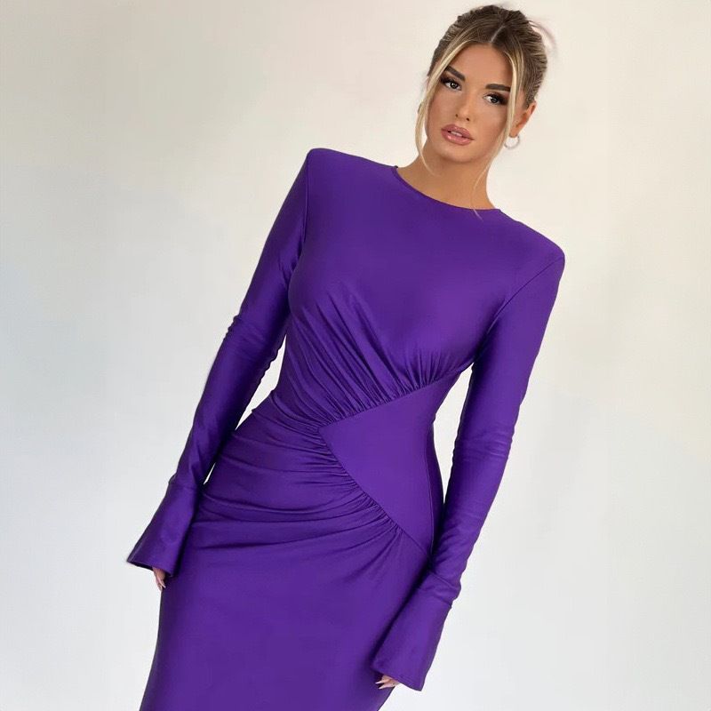 Women's Clothing Flared Sleeve Bodycon Dress - Elegant High Waist Ruffle Midi Dress With Round Neck_voghion.com