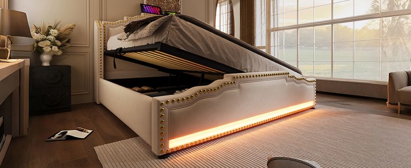 Lit double 140 x 200 cm avec coffre hydraulique, éclairage LED et port de charge USB-C, lit coffre avec sommier à lattes, velours beige, matelas inclus_voghion.com