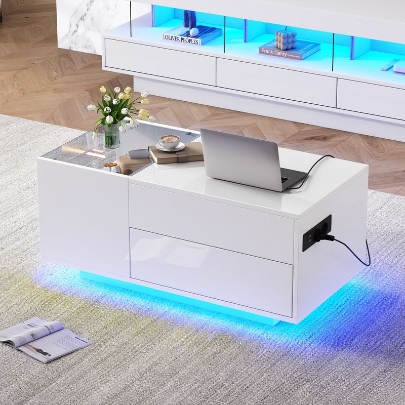 Table basse réglable en hauteur 95 x 48 x 42 cm avec rangement dissimulé, éclairage LED, tiroir et prise – Table d'appoint de salon blanche_voghion.com