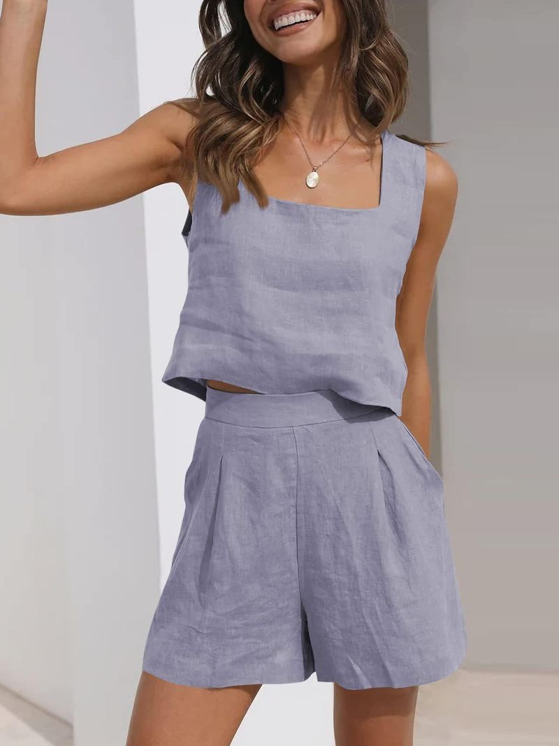 Abito casual da donna in 2 pezzi, pantaloncini di lino, gilet senza maniche_voghion.com