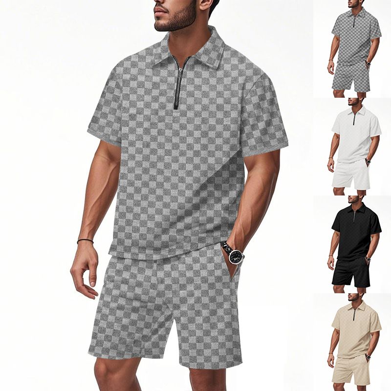 2025 Sommer Herren Loose Casual Einfaches kariertes Poloshirt mit Reißverschluss und kurzen Ärmeln_voghion.com