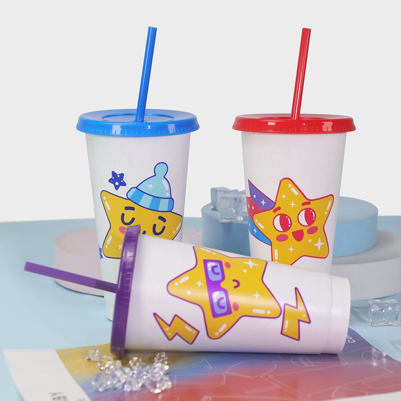 Large Capacity Pp Plastic Single Layer Cold Changing Star Cup High Value Three Piece Straw Color Changing Cup_voghion.com