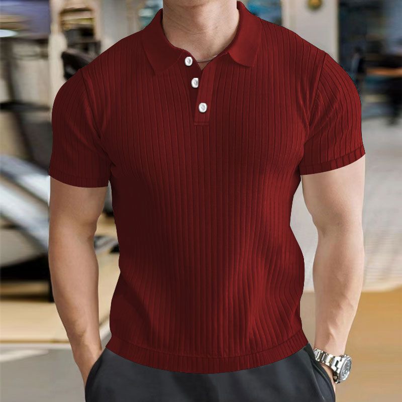 24 men's solid color short sleeved summer casual vertical stripe polo versatile temperament buckle T-shirt_voghion.com