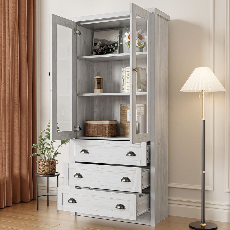 Highboard 80x171cm Holzoptik mit Glastüren, 3 Schubladen, Kupfergriffen_voghion.com