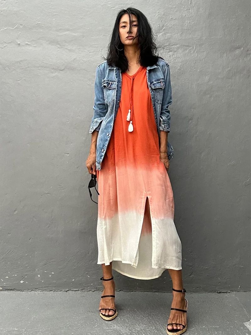 Jupe de plage en coton dégradé de couleurs pour femmes, cache-maillot à fente haute, pour les vacances_voghion.com
