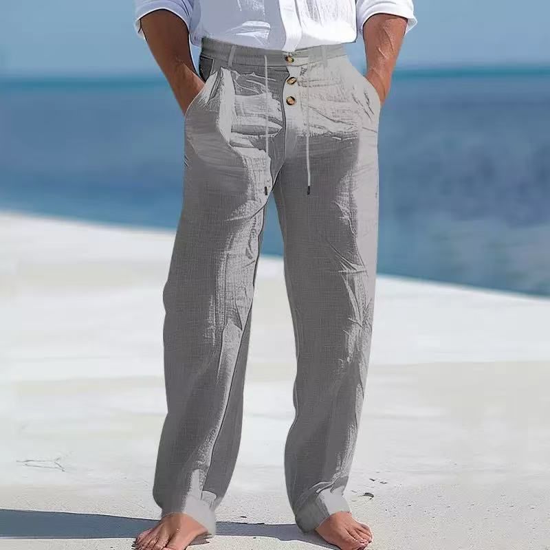 Men's Cotton Linen Drawstring Pants With Button Decor - Straight Leg Breathable Summer Beach Trousers For Casual Comfort_voghion.com