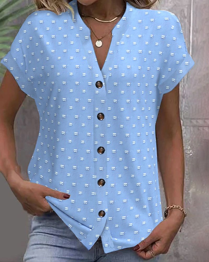 Abbigliamento estivo da donna, top in jacquard a maniche corte con scollo a V, camicie casual alla moda_voghion.com