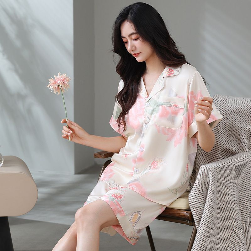 Pyjama d'été pour femme, short à manches courtes en satin glacé, sensation de soie, revers fin et frais, ensemble de vêtements d'intérieur_voghion.com