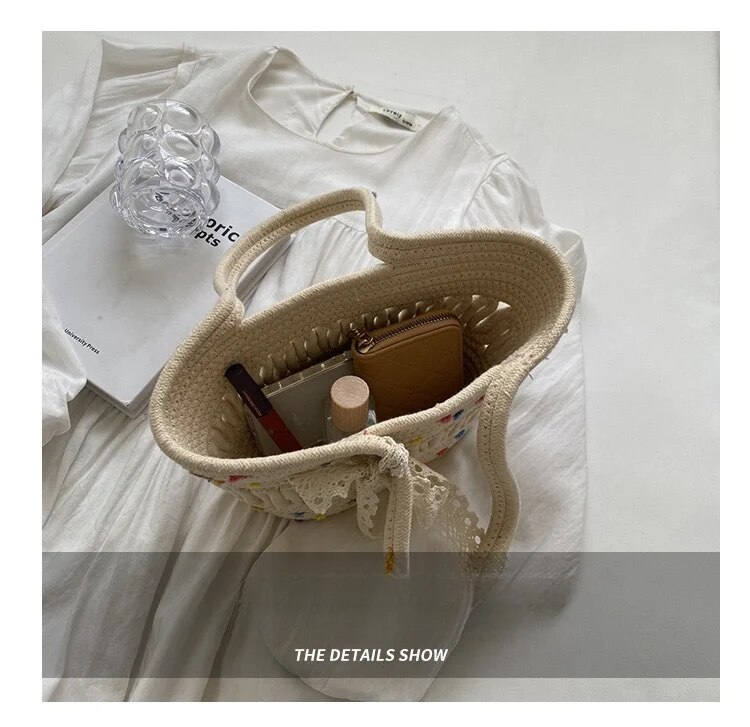 2024 Women's temperament bow grass woven bag, summer sweet girl casual woven bucket bag, single shoulder tote bag, unique design handbag_voghion.com