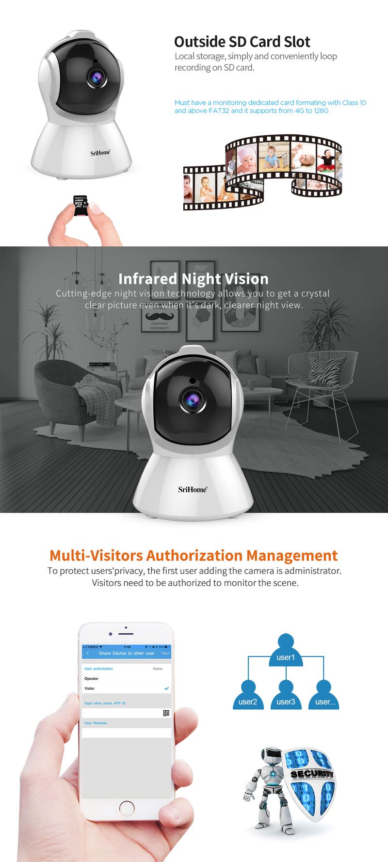 Srihome SH025 AI Body Auto-tracking IP Baby Monitor Mini 1080P Wifi CCTV Kamera 2.0MP H.265 Inteligentny dom Wewnętrzny pilot_voghion.com