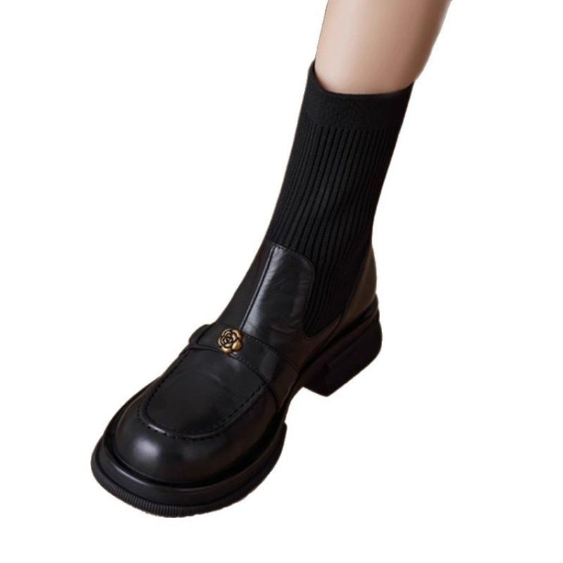 Martin für Damen, Herbst und Winter, dicke Sohle, kurze gestrickte Stretch-Sockenstiefel, kleine Lederschuhe mit klobigem Absatz,_voghion.com