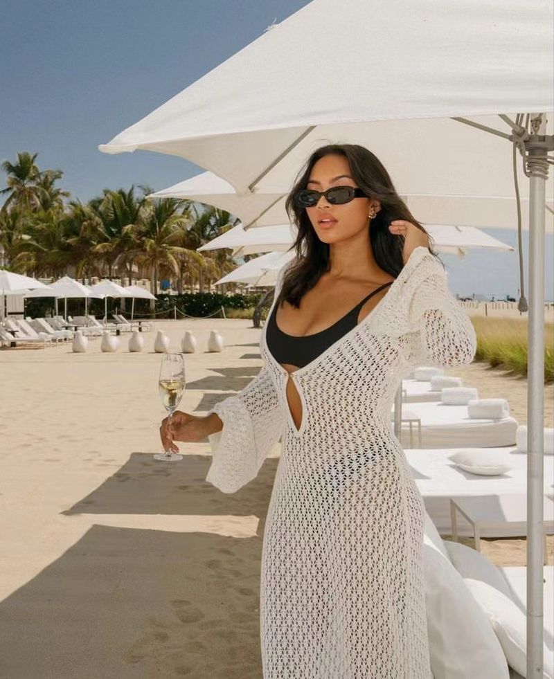Strandurlaub Bikini Cover-Up Hohl Häkeln Strickkleid Langarm_voghion.com