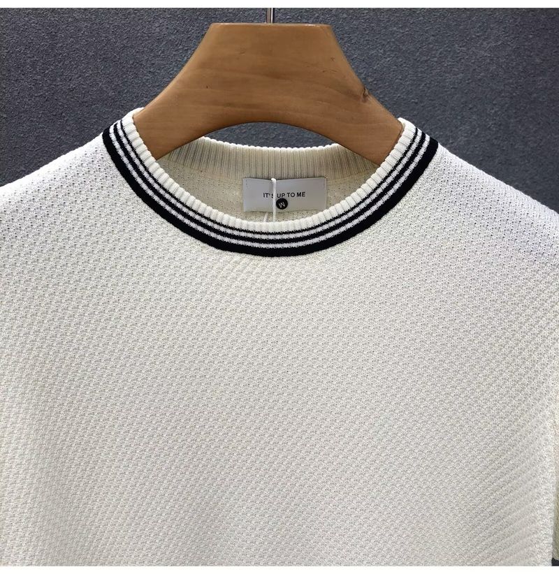 Colorblock gestreepte trui met korte mouwen voor heren, zomerse ijszijde, Britse business slim fit binnenshirt_voghion.com