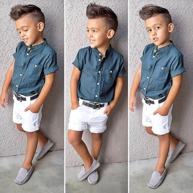 Chemise d'été bleue à manches courtes pour garçons, mère et enfant, haut + short blanc, tendance, deux ensembles d'ins_voghion.com