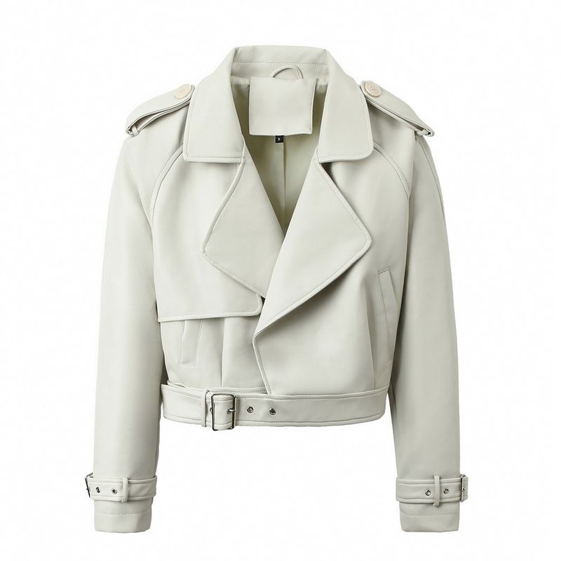 Giacca in pelle sintetica da donna alla moda - Vestibilità oversize, cintura in vita, stile streetwear (nero/bianco, S/M/L/XL)_voghion.com