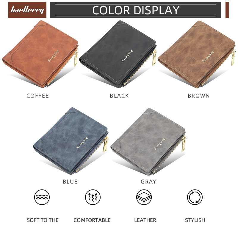 Carteira Baellerry Masculina Curta com Zíper Carteira Vertical Multicartões Elegante Moeda de Alta Qualidade_voghion.com