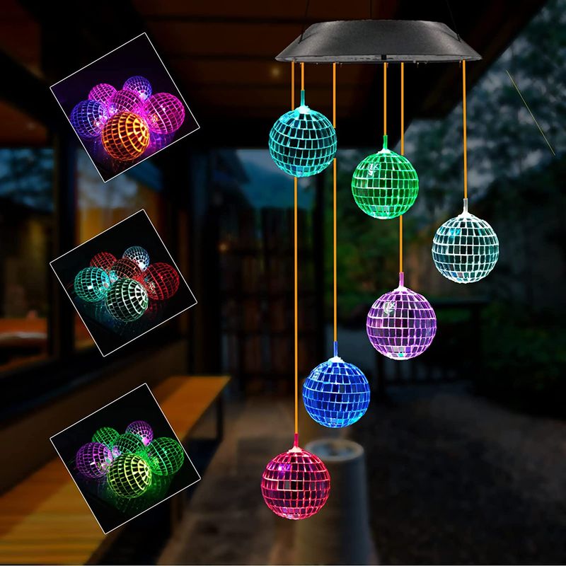Lâmpada de bola de espelho de discoteca que muda de cor, carrilhão de vento movido a energia solar, luz móvel suspensa para decoração de jardim, paisagem, caminho, festival_voghion.com