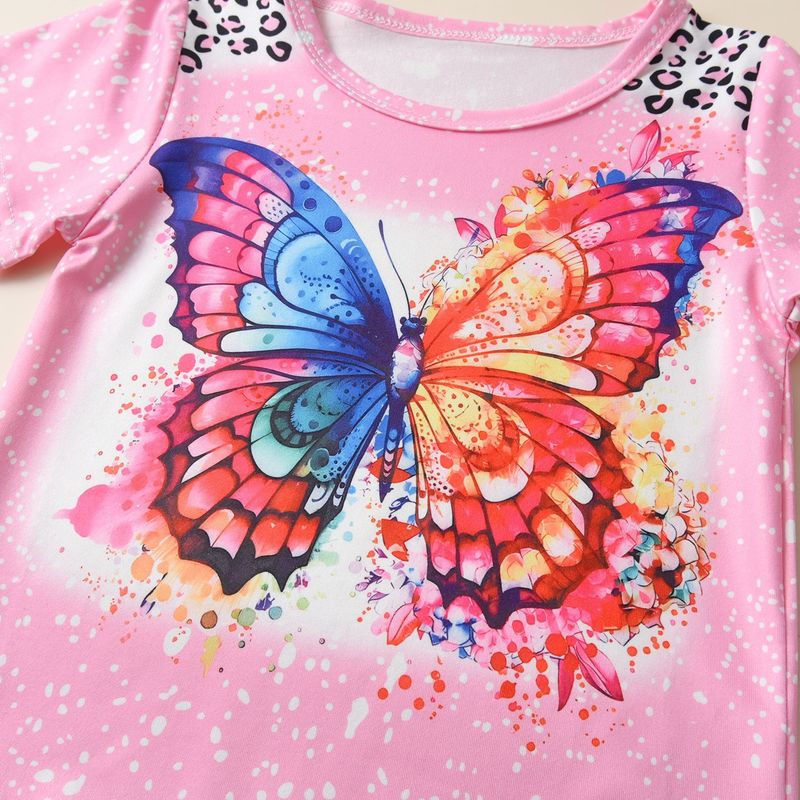Mother & Kids New European and American Summer Girls Short-Sleeved T-Shirt Butterfly Print Imitation Denim Flare Pants Suit Two Pieces in Stock_voghion.com