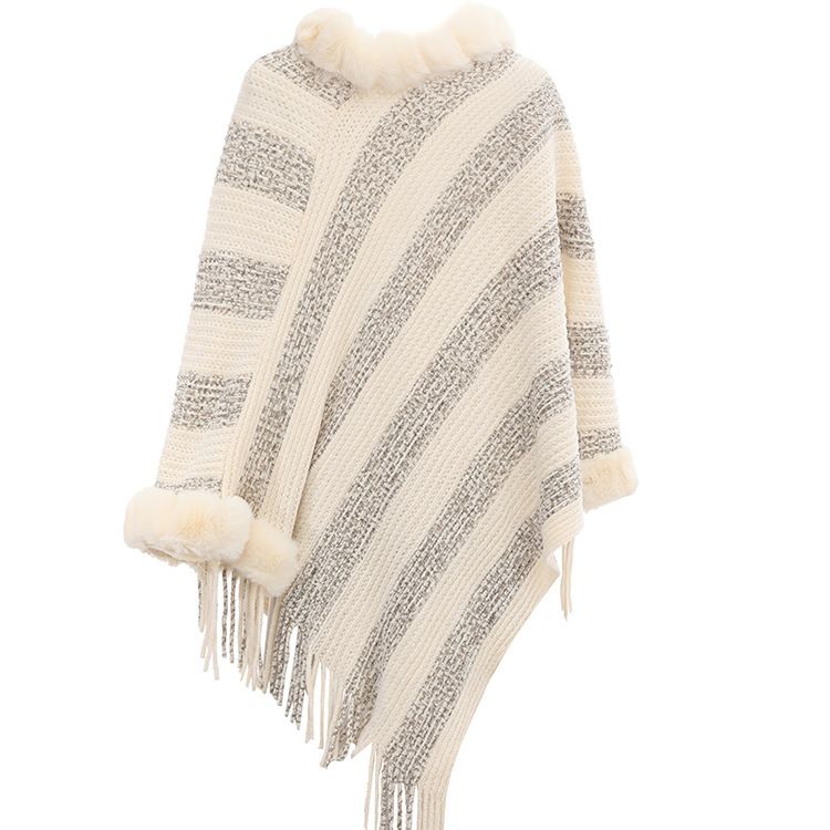 Women's Shawls Imitation Rex Rabbit Fur Collar Knitted Pullover Cape Women's Chenille Warm Striped Shawl Sweater_voghion.com