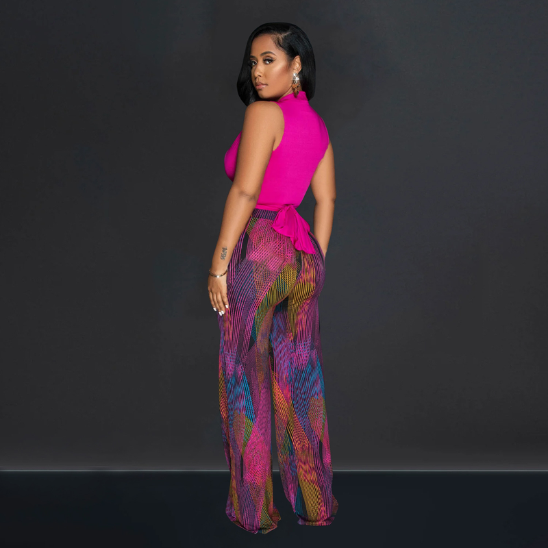 Set di due pezzi di pantaloni senza maniche con scollo a V stampati a colori da donna_voghion.com