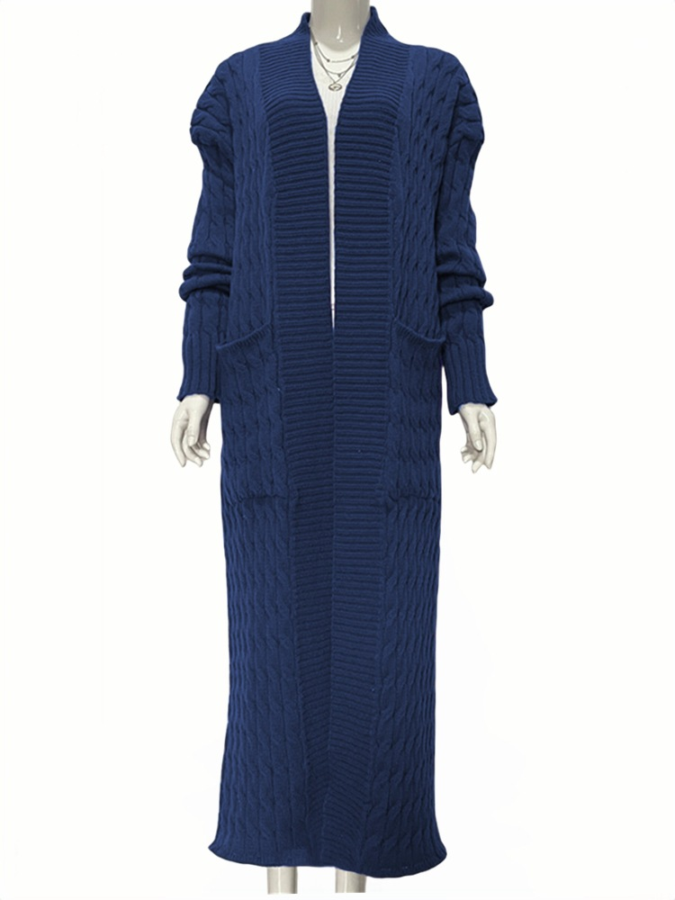 Damen-Strickpulloverjacke mit langen Ärmeln, lockerer langer Strickjacke_voghion.com
