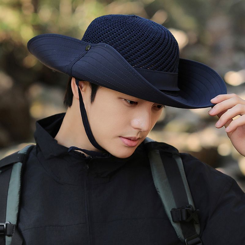 Fashion 10cm Wide Brim Sun for Men UPF 50+ Boonie Summer UV Protection Outdoor Fishing Hiking Hat Breathable Mesh Bucket Cap_voghion.com