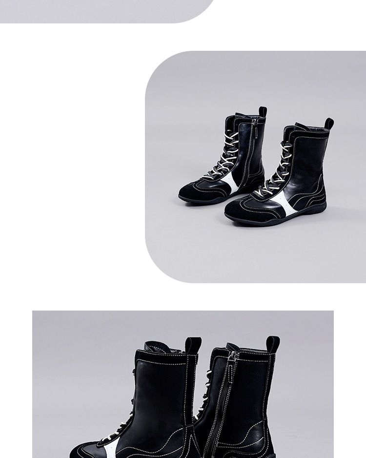 2025 Fall Dystopian Combat Boots, Two-Tone Mid-Calf Riding Boots, Height-Enhancing Women's Footwear_voghion.com