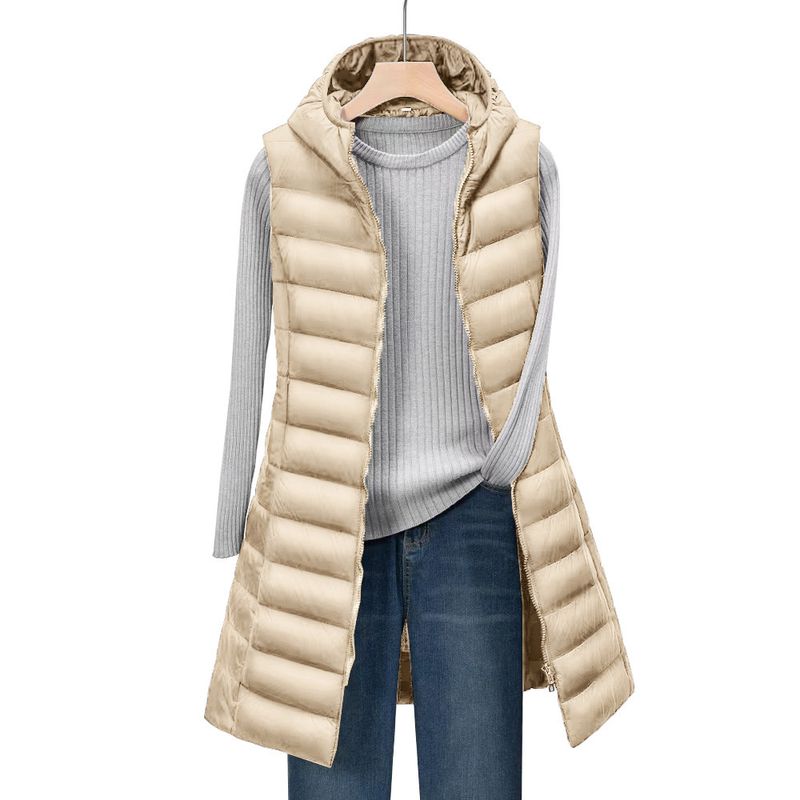 Gilet matelassé léger à capuche, doudoune longue sans manches pour femme, superposition automne-hiver, kaki/rose/gris/noir/bleu marine/blanc, S-XXXL_voghion.com