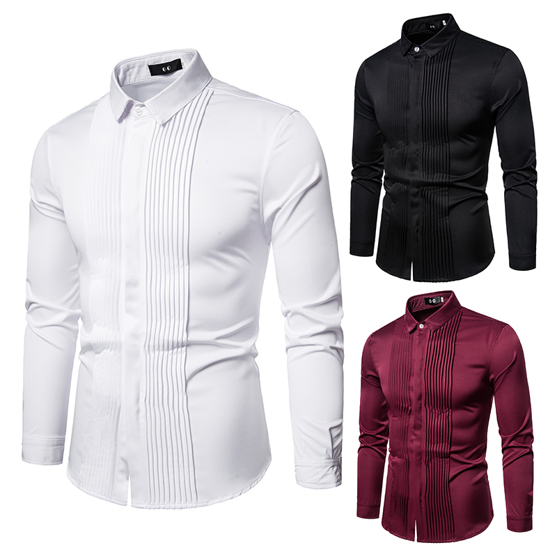 New long sleeved with British style lapel pleated men's uniform, formal dress, base shirt_voghion.com