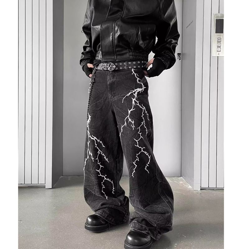 Herrenbekleidung Nische gewaschene Jeans mit Blitzmuster und Stickereien für Männer und Frauen High Street Hip Hop lockere gerade Freizeithose_voghion.com