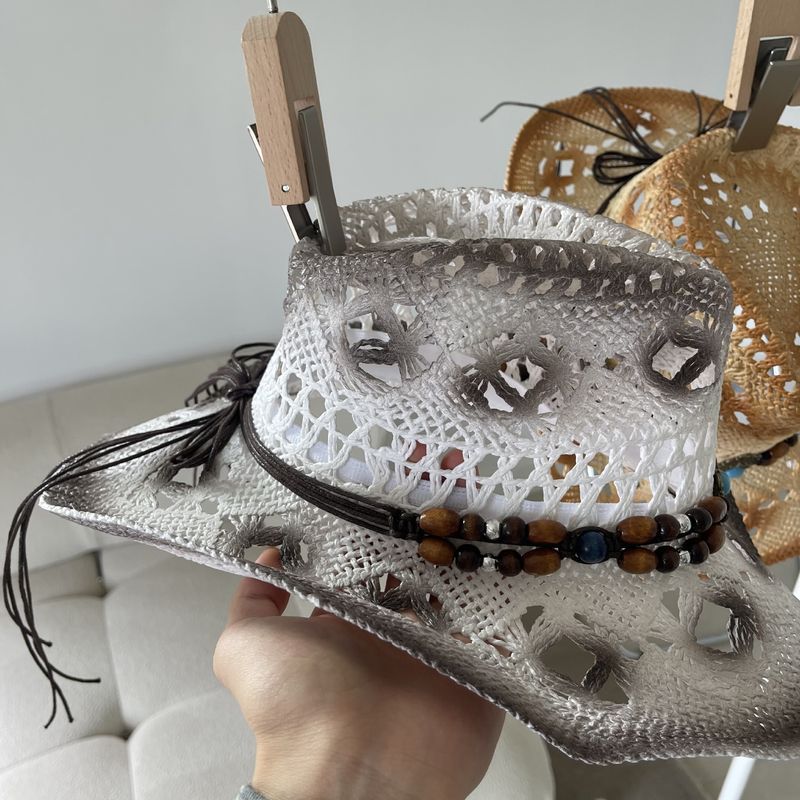 Moda Nuovo Occidentale Cowboy Paglia Femminile Moda Estiva Versione Coreana del Vento Nazionale Ombra Cava Cappello da Spiaggia Vacanza Gratis_voghion.com