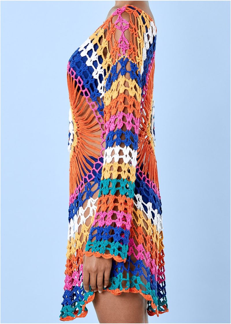 Kimono de plage crocheté à la main – Kimono bohème arc-en-ciel à manches longues (taille unique, 310 g, léger, tricot ajouré, cache-maillot de bain)_voghion.com