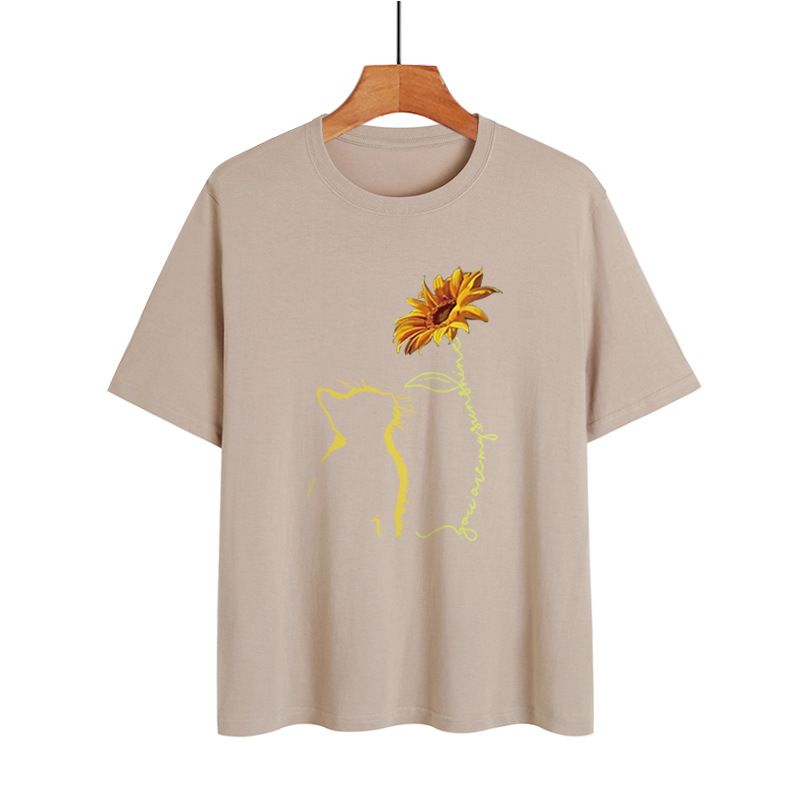 women's tops sunflower cat print loose round neck short sleeve large size T-shirt_voghion.com