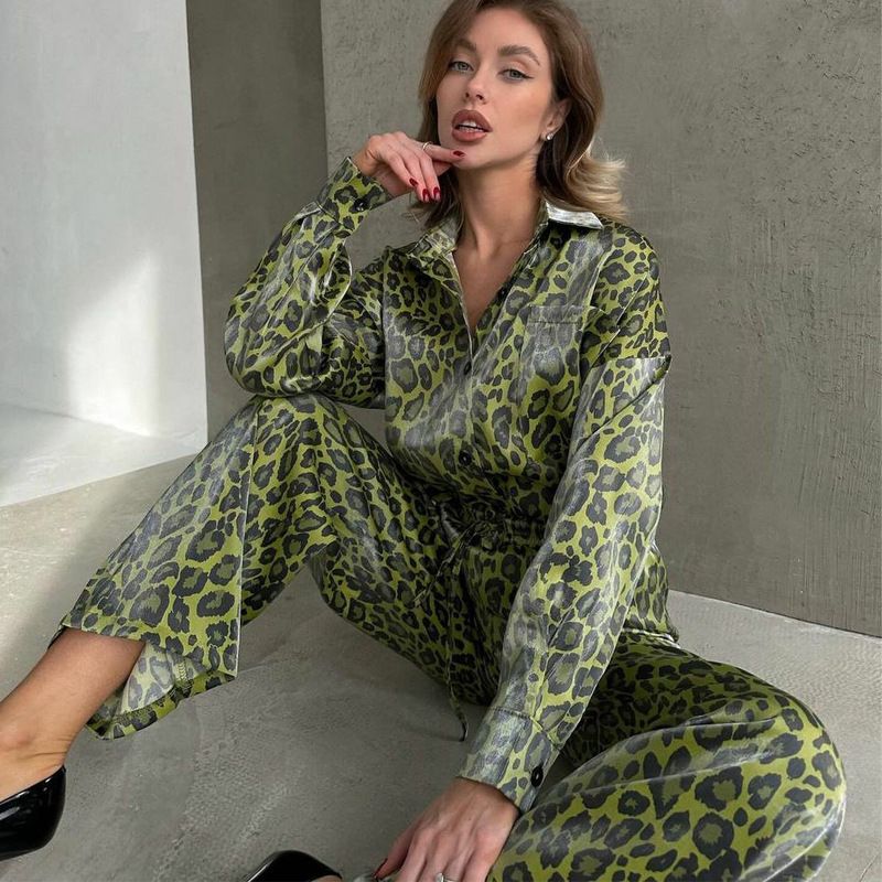 Ensemble deux pièces pour femme, chemise ample décontractée à manches longues et col rabattu, imprimé léopard, pantalon large_voghion.com