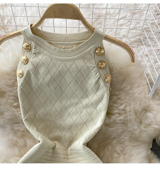 Damen Rundhals Ärmelloses Strick Neckholder Off-Shoulder Kleid Sexy Hüftbetontes Kurzrockkleid_voghion.com