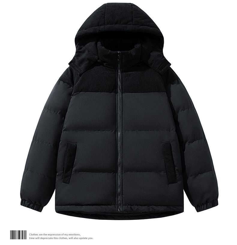 Cappotto imbottito in cotone a coste da uomo, cappello rimovibile in tinta unita, giacca imbottita in cotone da uomo_voghion.com