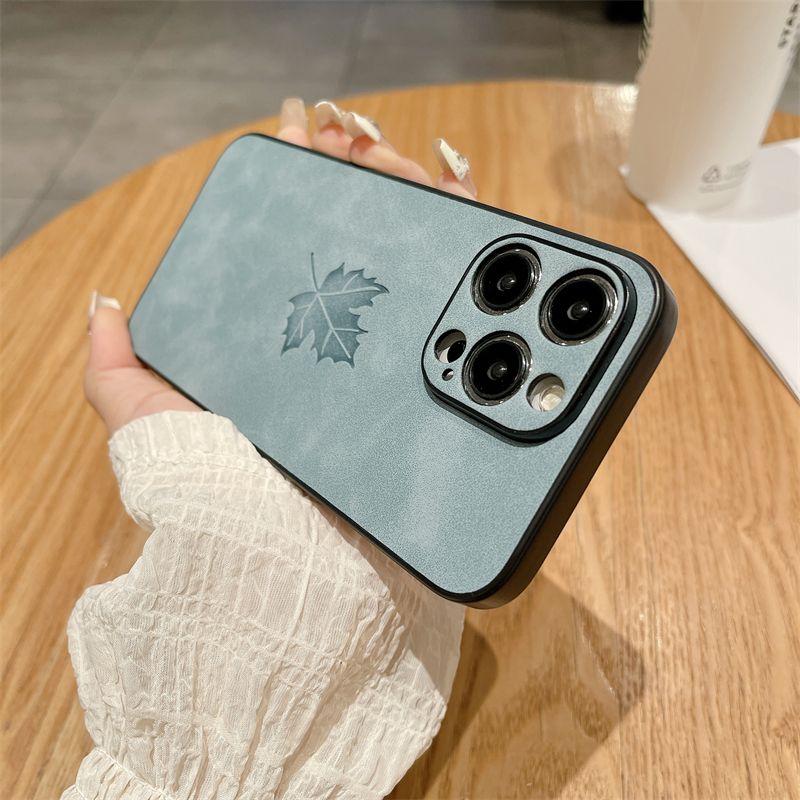 Per iPhone 15 14 13 12 Pro Max 11 X XR Xs Custodia per telefono Stile retrò Vintage Pelle di agnello Tessuto Cover Foglia d'acero_voghion.com