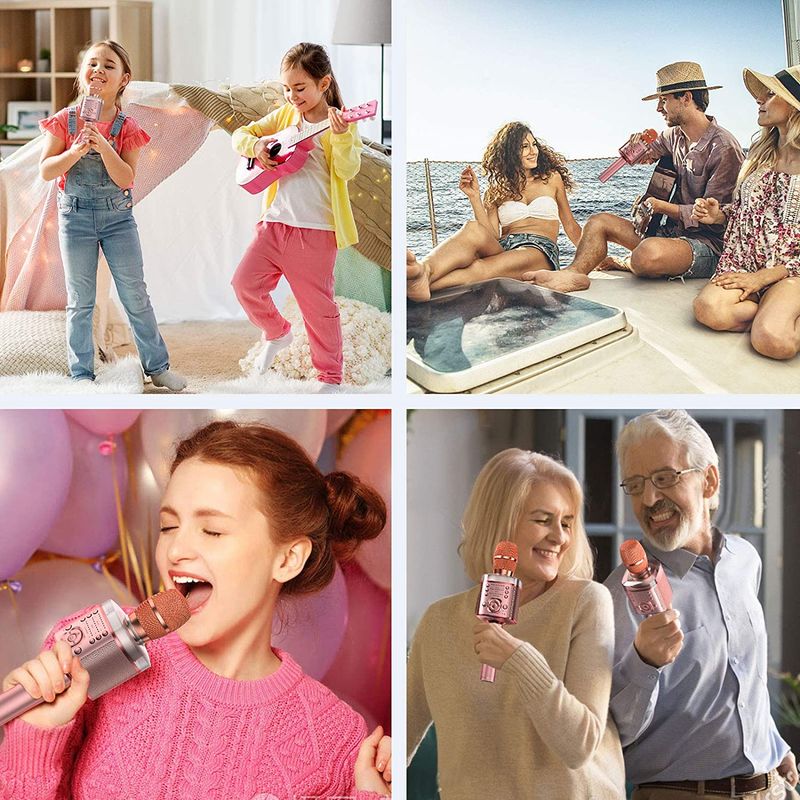 Micrófono de karaoke, micrófono inalámbrico Bluetooth con luz LED de sonido mágico, máquina de canto portátil para fiestas de KTV en casa, adultos y niños_voghion.com