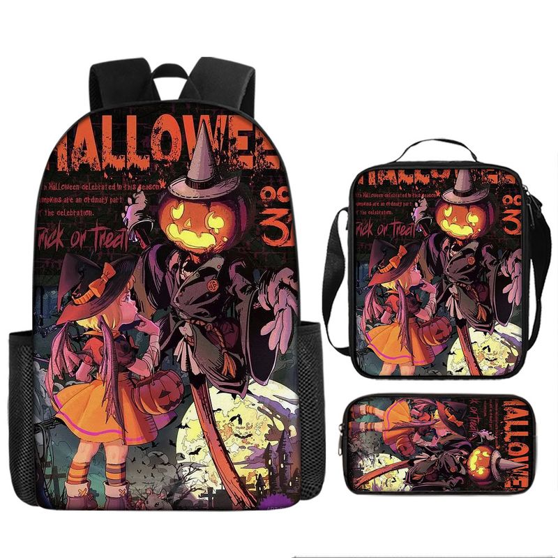 Halloween backpack pumpkin ghost three piece set primary and secondary school students backpack children's backpack shoulder bag pencil case_voghion.com