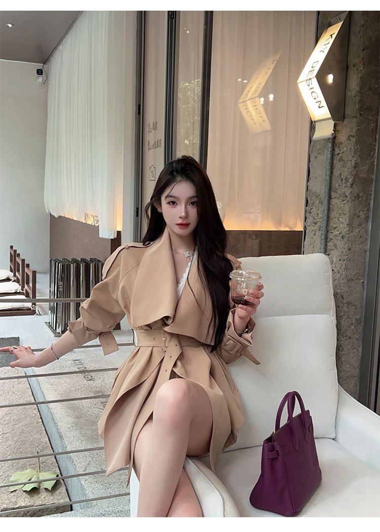 FairyJiang Autunno Nuovo Grande Risvolto Cachi Trench Donna Vita Corta Cappotto Stile Britannico_voghion.com
