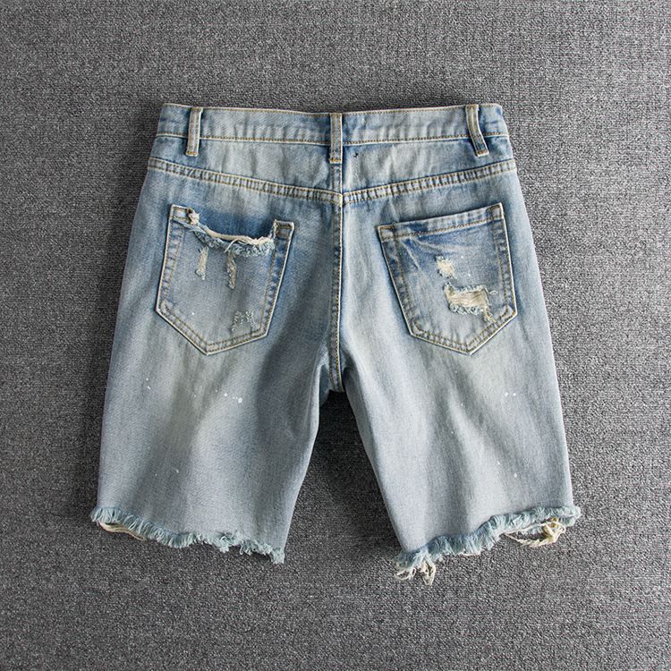 Herrenbekleidung, gewaschene und abgenutzte Tintenspritzer, große Löcher, trendige, originelle Herren-Jeansshorts für Jugendliche_voghion.com