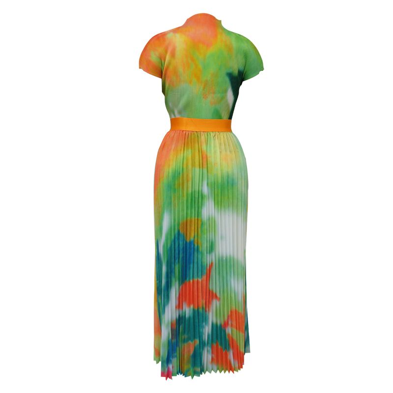 Ženska obleka z okroglim izrezom in kratkimi rokavi, potiskanim nagubanim krilom_voghion.com