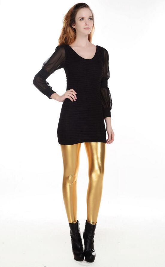 Vêtements pour femmes Mode Métal brillant Serré Élastique En Cuir Verni Leggings Couleur Vive Taille Moyenne Neuf Points Pantalon_voghion.com