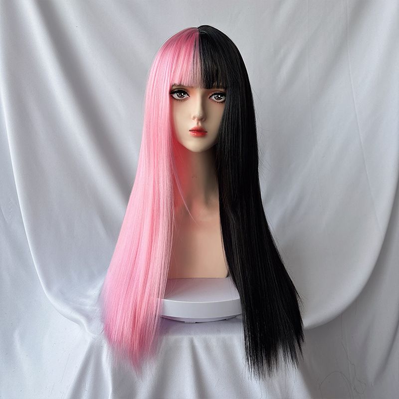 Perücke weibliche lange glatte Haare Luft Pony zweifarbig Yin und Yang Kopf Halloween Cos Chemiefaser Perücke Set_voghion.com