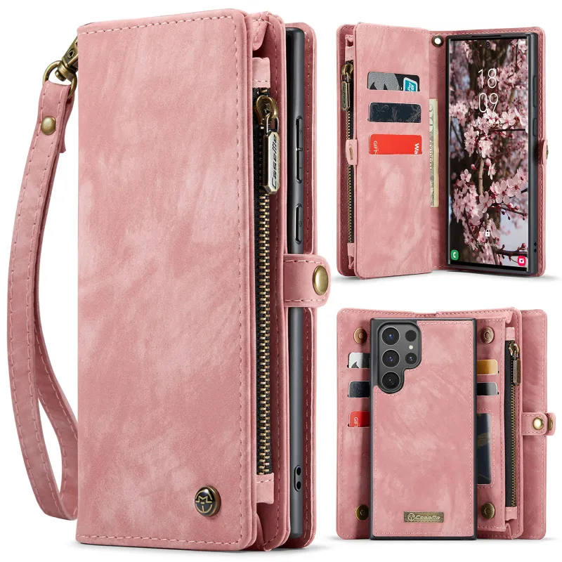 Custodia per Samsung Galaxy S25 S24 Ultra Plus Portafoglio Porta Carte con Cerniera Cinturino in Pelle PU Flip con Porta Penna Custodia Anti-RFID_voghion.com