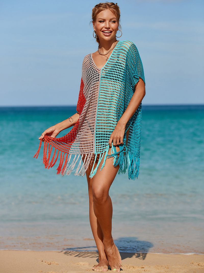Damen Strandüberwurf, gestrickt, Regenbogenfarben, Urlaubsüberwurf, Strickpullover_voghion.com